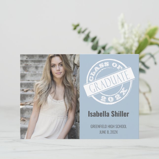 Girly Dusty Blue Photo Grad Graduation Party  Invitation (Standing Front)