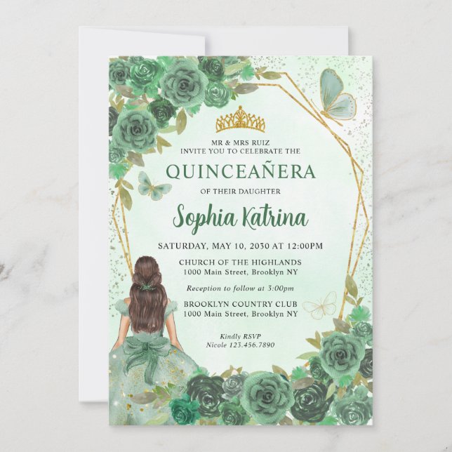 Girly Dusty Green Gold Floral Princess Quinceañera Invitation (Front)