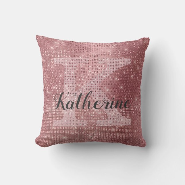 Girly Dusty Pink Rose Gold Sparkle Monogram Name Cushion (Front)