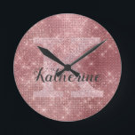 Girly Dusty Rose Gold Sparkle Glam Monogram Name Round Clock<br><div class="desc">This trendy and unique glam girly design features a large customisable monogram in pale dusty blush pink rose gold in the centre in popular serif typography along with a customisable name in popular script with a hand-lettered look in dark grey. The background includes brushed dusty pink rose gold metal and...</div>