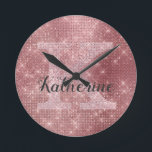Girly Dusty Rose Gold Sparkle Glam Monogram Name Round Clock<br><div class="desc">This trendy and unique glam girly design features a large customisable monogram in pale dusty blush pink rose gold in the centre in popular serif typography along with a customisable name in popular script with a hand-lettered look in dark grey. The background includes brushed dusty pink rose gold metal and...</div>
