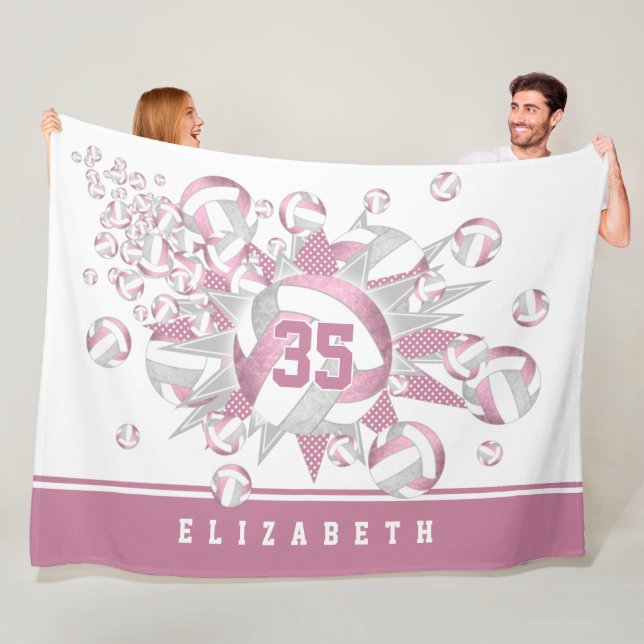 girly dusty rose grey volleyballs and stars fleece blanket (In Situ)