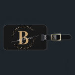 Girly Elegant Black Black Name Monogram Script Luggage Tag<br><div class="desc">Girly,  minimalist,  simple,  modern,  black and gold monogram initial name script custom personalised monogrammed luggage tag. Featuring a monogram initial and a girly name signature script in a hand-written calligraphy font with swash tails and dotted circle frame around your monogram.</div>
