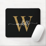 Girly Elegant Black Gold Monogram Name Script Mouse Pad<br><div class="desc">Girly Elegant Black And Gold Simple Minimalist Monogram Initial Name Signature Script Custom Personalised mousepad. This simple minimalist plain colour design featuring your first name in a pretty hand lettered swash tail font typography (or calligraphy), monogram initial. These are easy to customise. Great stylish feminine gift for birthday, mother’s day,...</div>