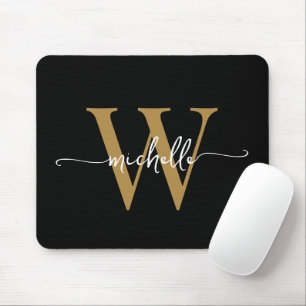 Girly Elegant Black Gold Monogram Name Script Mouse Pad