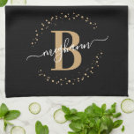 Girly Elegant Black Gold Name Monogram Script Tea Towel<br><div class="desc">Girly, elegant, modern, black and gold monogram initial name script custom personalised monogrammed kitchen towel. Featuring a monogram initial and a girly name script in a hand lettered calligraphy swash tail font and dotted circle frame around your monogram. Perfect feminine gift for sister, mother, girlfriend, birthday, wedding, bridal shower, sweet...</div>