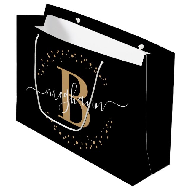 Girly Elegant Black Gold Name Monogrammed Script Large Gift Bag (Front Angled)