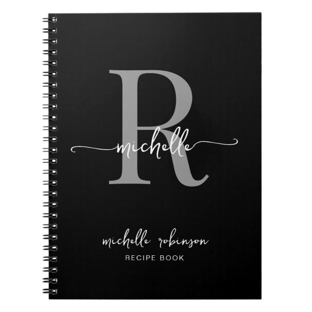 Girly Elegant Black Grey Cookbook Recipe Monogram Notebook (Front)