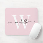 Girly Elegant Blush Pink Monogram Name Script Mouse Pad<br><div class="desc">Girly Elegant Blush Pink Simple Minimalist Monogram Initial Name Signature Script Custom Personalised mousepad. This simple minimalist plain colour design featuring your first name in a pretty hand lettered swash tail font typography (or calligraphy), monogram initial in white and black on blush pink colour background. These are easy to customise....</div>