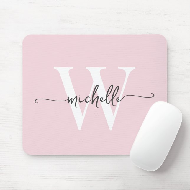 Girly Elegant Blush Pink Monogram Name Script Mouse Pad (With Mouse)
