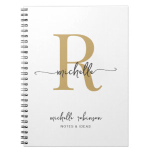 Girly Elegant Chic White Gold Script Monogram Name Notebook