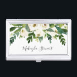 Girly Elegant Floral Roses and Greenery Name Business Card Holder<br><div class="desc">Elegant business card case with watercolor painted white roses and greenery along with your name in an elegant handwritten font.  This feminine business card case is great for a lash extension technician,  makeup artist,  hair stylist,  or any woman owned business.</div>