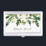 Girly Elegant Floral Roses and Greenery Name Business Card Holder<br><div class="desc">Elegant business card case with watercolor painted white roses and greenery along with your name in an elegant handwritten font.  This feminine business card case is great for a lash extension technician,  makeup artist,  hair stylist,  or any woman owned business.</div>
