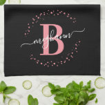 Girly Elegant Pink Black Name Monogram Script Kitc Tea Towel<br><div class="desc">Girly, elegant, modern, pink and black white monogram initial name script custom personalised monogrammed kitchen towel. Featuring a monogram initial and a girly name script in a hand lettered calligraphy swash tail font and dotted circle frame around your monogram. Perfect feminine gift for sister, mother, girlfriend, birthday, wedding, bridal shower,...</div>