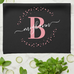 Girly Elegant Pink Black Name Monogram Script Kitc Tea Towel