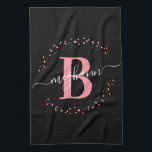Girly Elegant Pink Black Name Monogram Script Tea Towel<br><div class="desc">Girly, elegant, modern, pink and black white monogram initial name script custom personalised monogrammed kitchen towel. Featuring a monogram initial and a girly name script in a hand lettered calligraphy swash tail font and dotted circle frame around your monogram. Perfect feminine gift for sister, mother, girlfriend, birthday, wedding, bridal shower,...</div>