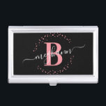 Girly Elegant Pink Black Name Monogrammed Script Business Card Holder<br><div class="desc">Girly, modern, elegant, trendy, pink and black, white monogram initial name script custom personalised monogrammed business card case. Featuring a monogram initial and a girly name script in a hand lettered calligraphy swash tail font and dotted circle frame around your monogram. Perfect feminine gift for girlfriend, sister, mother, birthday, wedding,...</div>