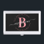 Girly Elegant Pink Black Name Monogrammed Script Business Card Holder<br><div class="desc">Girly, modern, elegant, trendy, pink and black, white monogram initial name script custom personalised monogrammed business card case. Featuring a monogram initial and a girly name script in a hand lettered calligraphy swash tail font and dotted circle frame around your monogram. Perfect feminine gift for girlfriend, sister, mother, birthday, wedding,...</div>