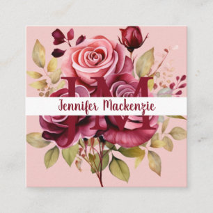 Girly Elegant Pink Burgundy Red Roses Square Business Card
