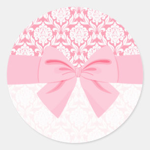 Girly Elegant Pink Damask Wrap Bow Classic Round Sticker