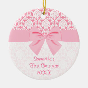 Girly Elegant Pink Damask Wrap Bow First Christmas Ceramic Tree Decoration