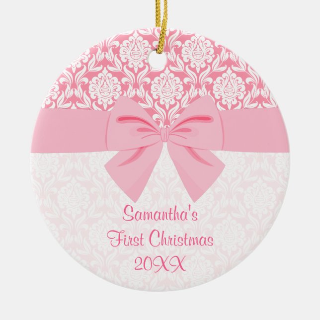 Girly Elegant Pink Damask Wrap Bow First Christmas Ceramic Tree Decoration (Front)