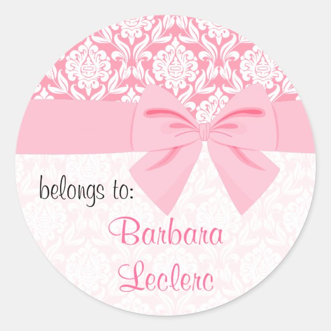 Girly Elegant Pink Damask Wrap Bow Personalised Classic Round Sticker (Front)