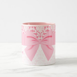 Girly Elegant Pink Damask Wrap Bow Personalised Two-Tone Coffee Mug