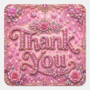 Girly Elegant Sparkly Blush Pink Rose Thank You Square Sticker