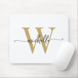 Girly Elegant White Gold Monogram Name Script Mouse Pad<br><div class="desc">Girly Elegant White and Gold Simple Minimalist Monogram Initial Name Signature Script Custom Personalised mousepad. This simple minimalist plain colour design featuring your first name in a pretty hand lettered swash tail font typography (or calligraphy), monogram initial in gold and black on white colour background. These are easy to customise....</div>