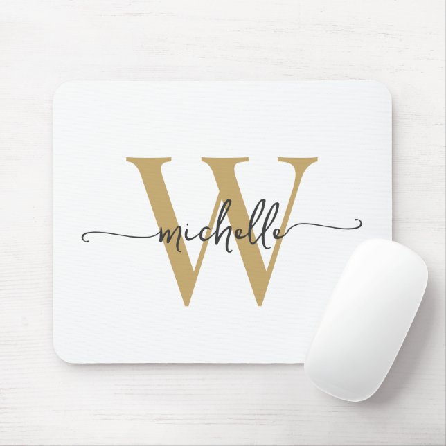 Girly Elegant White Gold Monogram Name Script Mouse Pad (With Mouse)