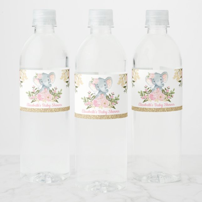 Girly Elephant Baby Shower Blush Pink Floral Water Bottle Label (Bottles)