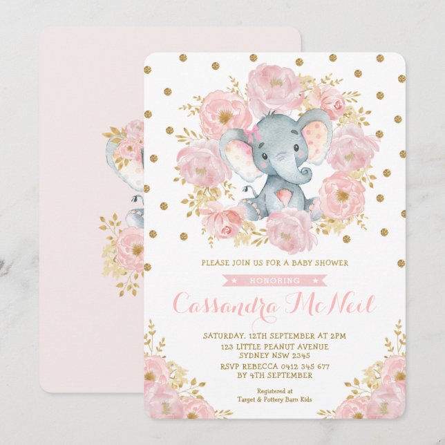 Girly Elephant Blush Pink Floral Baby Girl Shower Invitation (Front/Back)