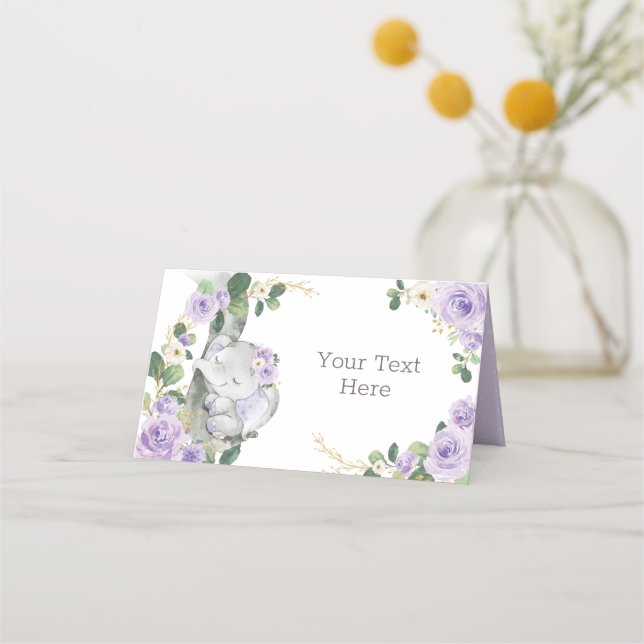 Girly Elephant Purple Floral Roses Food Label Place Card (Front)