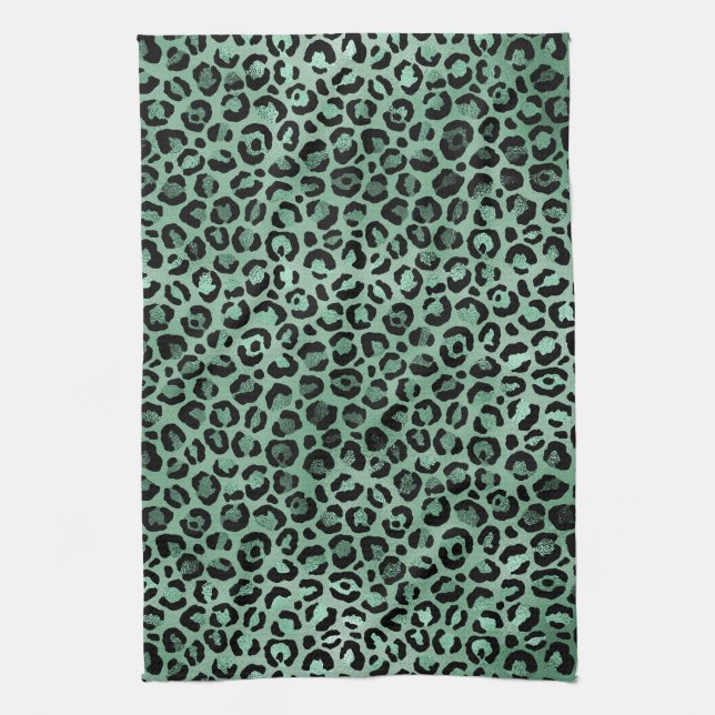 Girly Emerald Green Glam Leopard Print     Tea Towel (Vertical)