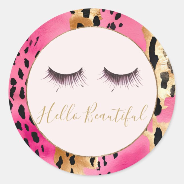 Girly Eyelashes Pink Glam Gold Leopard Classic Round Sticker (Front)