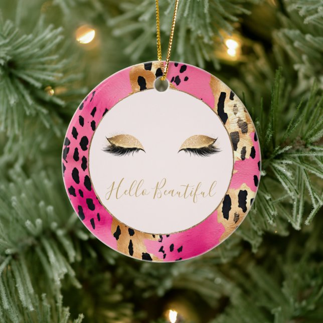 Girly Eyelashes Pink Glam Gold Sparkle Leopard Ceramic Tree Decoration (Tree)
