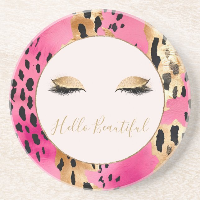Girly Eyelashes Pink Glam Gold Sparkle Leopard Coaster (Front)