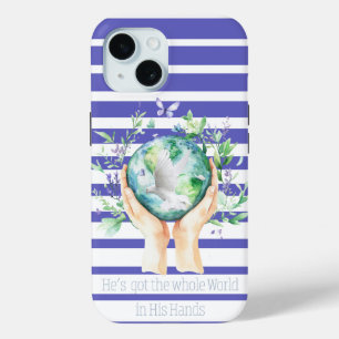 Girly Faith Blue White Stripe Earth Hands Dove iPhone 15 Case