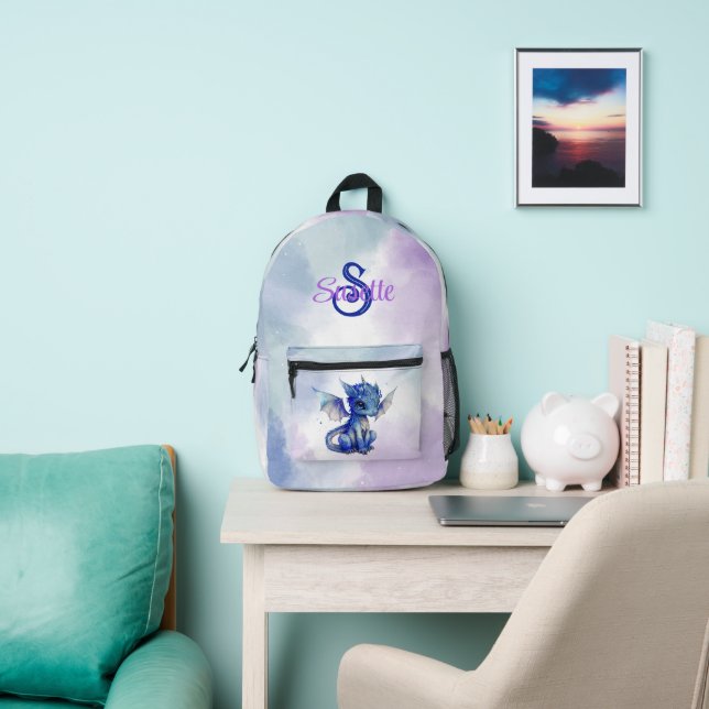 Girly Fantasy Blue Baby Dragon Personalised Printed Backpack (Insitu)