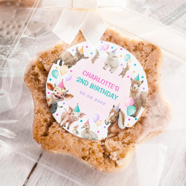 Girly Farm Animals Confetti Balloon Birthday Classic Round Sticker (Creator Uploaded)