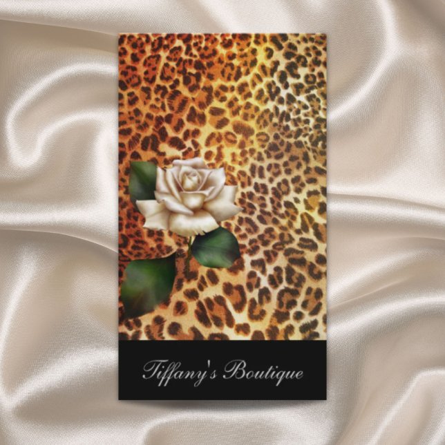 girly fashion stylish leopard print white rose business card (fashion beauty salon elegant stylish Animal print leopard white rose Business Card)