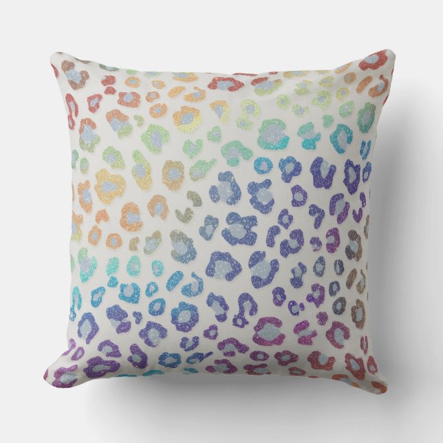 Girly Faux Glitter | Rainbow Leopard Print Cushion (Front)