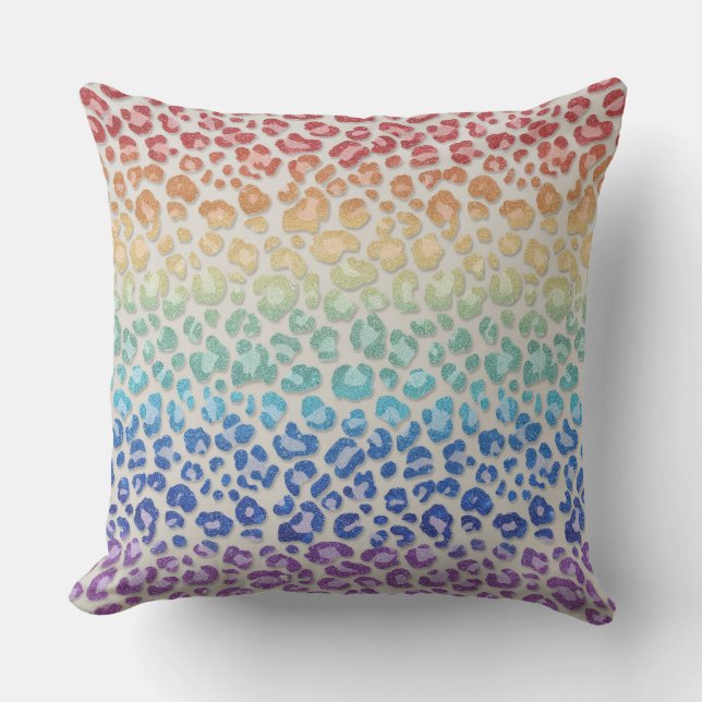 Girly Faux Glitter | Rainbow Leopard Print Cushion (Front)