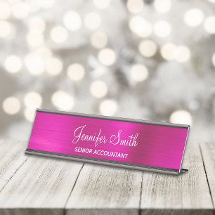 Girly Faux Hot Pink Foil Desk Name Plate