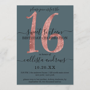 Girly Faux Rose Gold Dusty Blue Glitter Sweet 16 Invitation