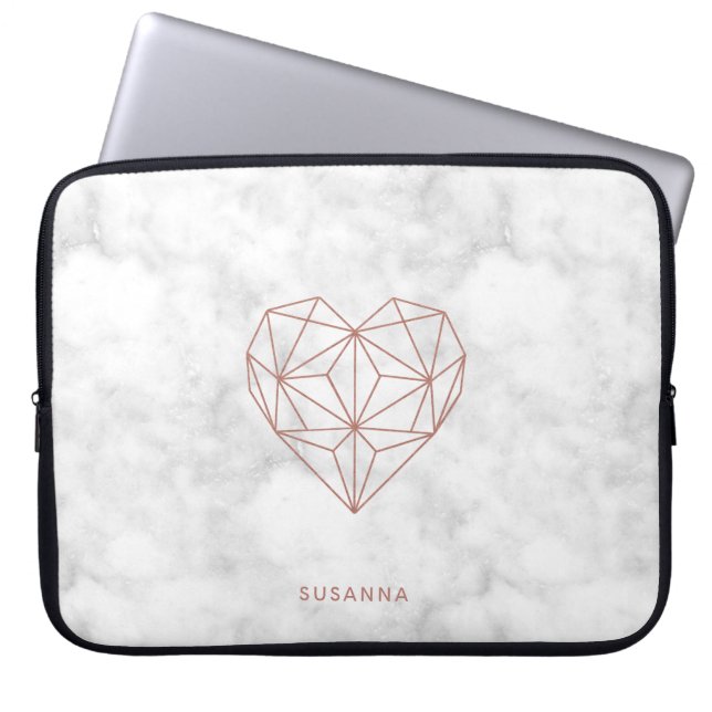 Girly Faux Rose Gold Foil Geometric Heart | Marble Laptop Sleeve (Front)
