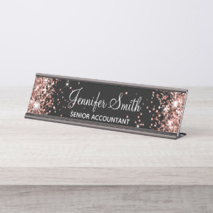 Girly Faux Rose Gold Glitter Black Desk Name Plate