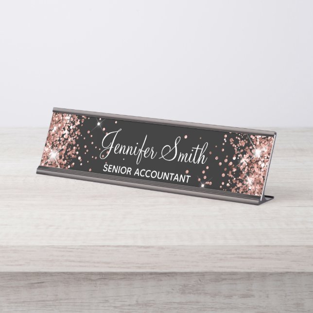 Girly Faux Rose Gold Glitter Black Desk Name Plate (Front)