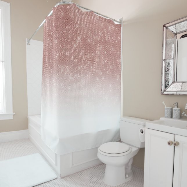 Girly Faux Rose Gold Sequin Glitter White Ombre Shower Curtain (In Situ)